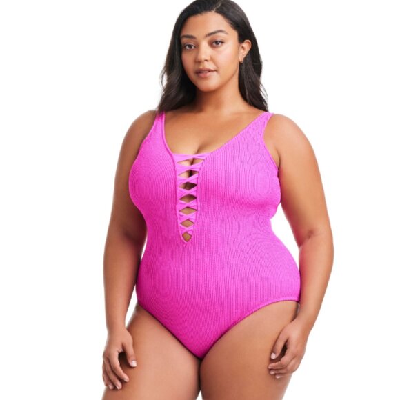 Bleu by Rod Beattie Plus Pucker up Lace-Down Over-the-Shoulder Swimsuit 18W 3255 - Picture 1 of 2